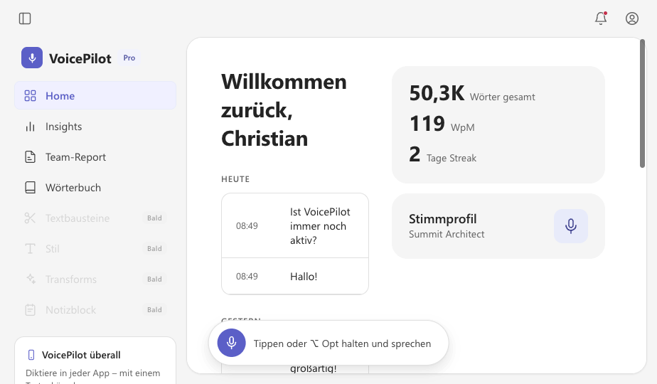 VoicePilot Windows-App: Diktat wird live transkribiert, formatiert und direkt in Microsoft Teams eingefügt